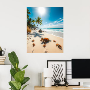 Sea Turtle & Crabs on Tropical Beach – Serene Ocea Poster