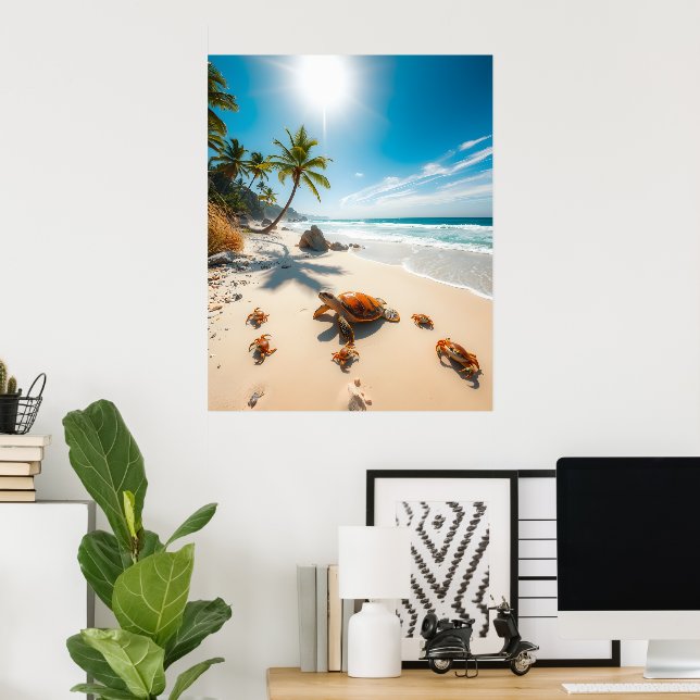 Sea Turtle & Crabs on Tropical Beach – Serene Ocea Poster (Home Office)