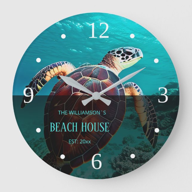 Sea Turtle Custom Beach House Large Clock (Front)