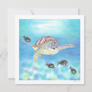 Sea Turtle Drawing Art Flat Thank you / Note Card