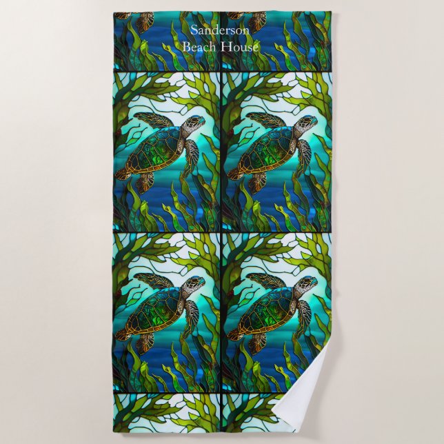 Sea Turtle Faux Stained Glass Beach Towel (Front)