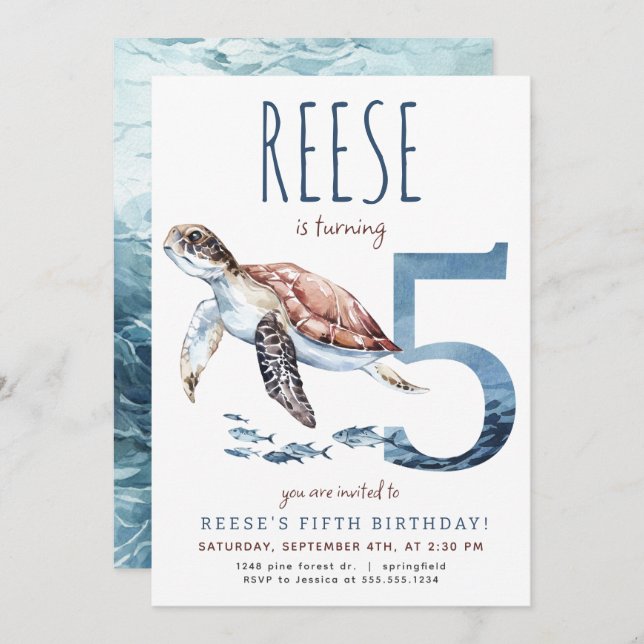 Sea Turtle Fifth Birthday Invitation (Front/Back)