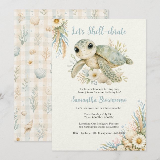 Sea Turtle First Birthday Invitation (Front/Back)