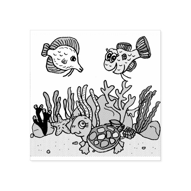 Sea Turtle,  Fish and Coral Sea Floor Ocean Rubber Stamp (Imprint)