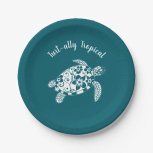 Sea Turtle-Fisherman Core-Hawaiian-Teal Paper Plate