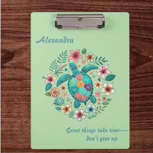Sea Turtle Floral Boho School Office Name Clipboard