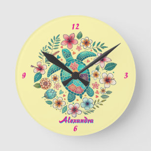 Sea Turtle Floral Boho School Office Name Round Clock