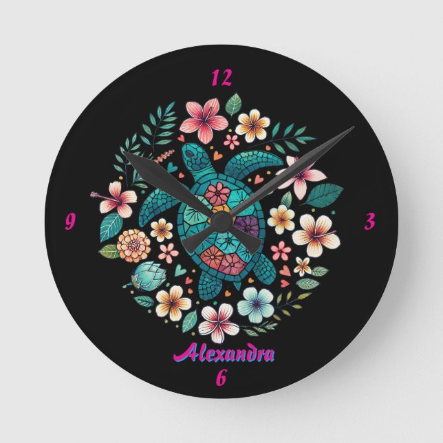 Sea Turtle Floral Boho School Office Name Round Clock (Front)