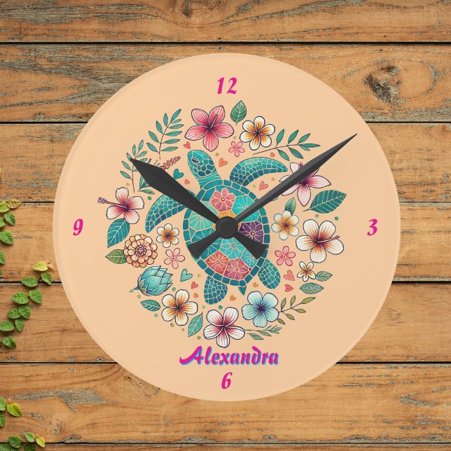 Sea Turtle Floral Boho School Office Name Round Clock (Creator Uploaded)