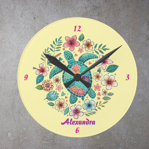 Sea Turtle Floral Boho School Office Name Round Clock