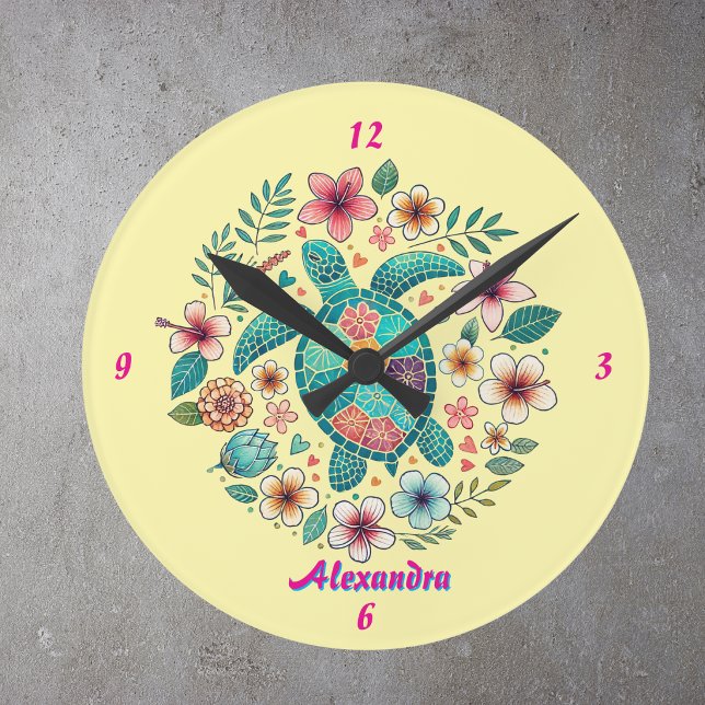 Sea Turtle Floral Boho School Office Name Round Clock (Creator Uploaded)