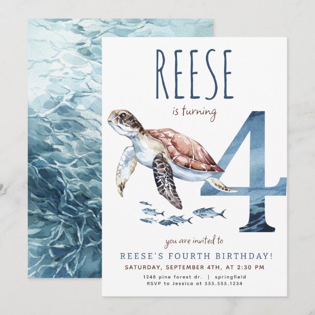 Sea Turtle Fourth Birthday Invitation (Front/Back)