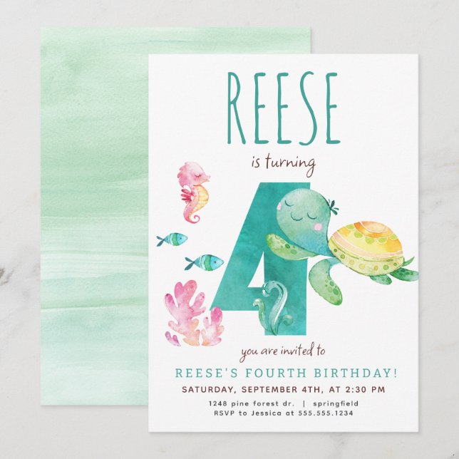 Sea Turtle Fourth Birthday Invitation (Front/Back)