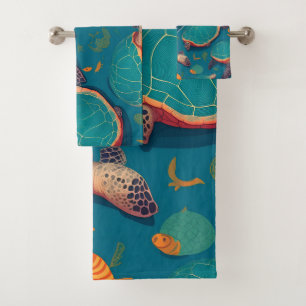 Sea turtle Geometric Colourful Personalised Patter Bath Towel Set