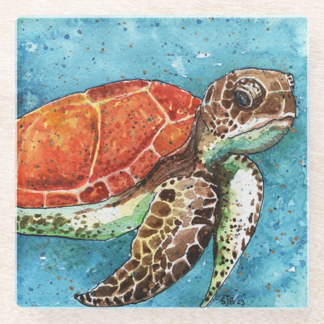 sea turtle glass coaster (Front)