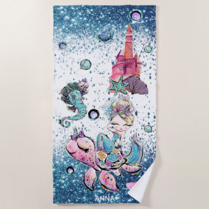 *~* Sea Turtle Glitter Blonde Mermaid Sand Castle  Beach Towel