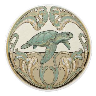 Sea Turtle Green Cream & Gold Art Deco Nouveau Ceramic Knob