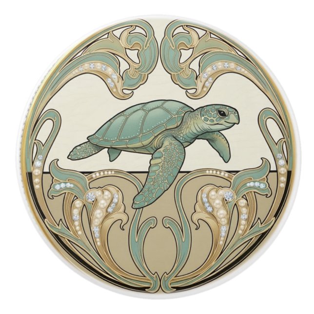Sea Turtle Green Cream & Gold Art Deco Nouveau Ceramic Knob (Front)