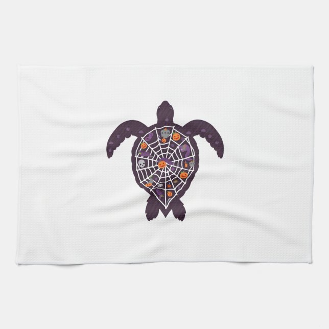 Sea Turtle Halloween Spider-web Pumpkin Ghost Hall Tea Towel (Horizontal)