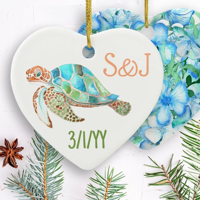 Sea Turtle Heart, Monogram Christmas Ceramic Tree Decoration (sea turtle christmas ornament, personalized tree ornament, hearth-shaped hawaiian ornament gift)