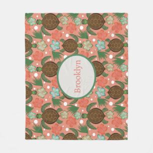 Sea Turtle & Hibiscus Coral Pink Floral Fleece Blanket