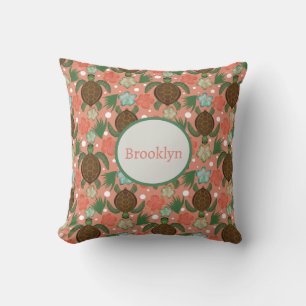 Sea Turtle & Hibiscus Coral Pink Floral Nursery Cushion