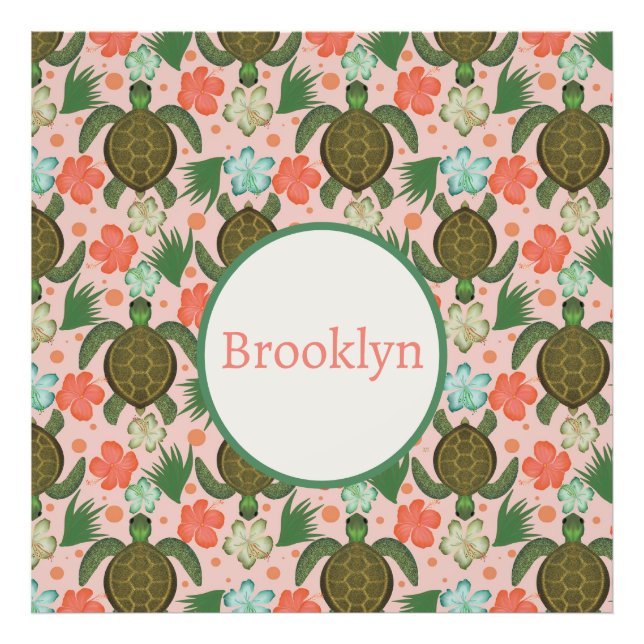 Sea Turtle & Hibiscus Pink Floral Nursery Photo Print (Front)