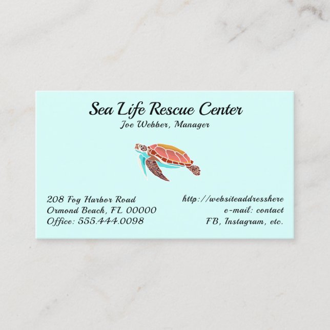 Sea Turtle Illustrated Sea Foam Business Cards (Front)