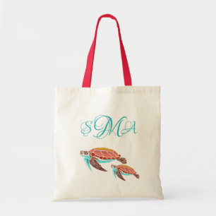 Sea Turtle Illustration Monogrammed Tote Bag