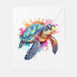 Sea Turtle in Colourful Watercolor Fleece Blanket