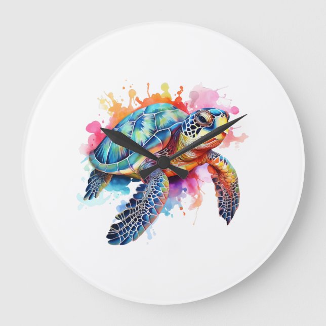 Sea Turtle in Colourful Watercolor Large Clock (Front)