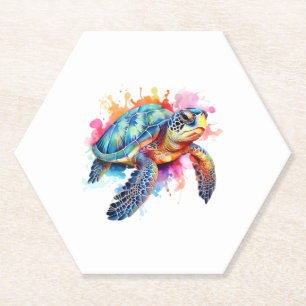 Sea Turtle in Colourful Watercolor Paper Coaster