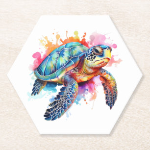 Sea Turtle in Colourful Watercolor Paper Coaster