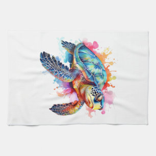 Sea Turtle in Colourful Watercolor Tea Towel