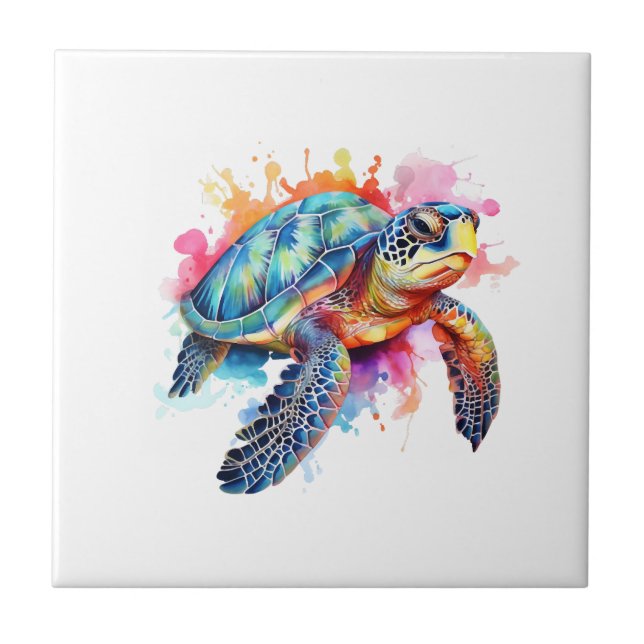 Sea Turtle in Colourful Watercolor Tile (Front)