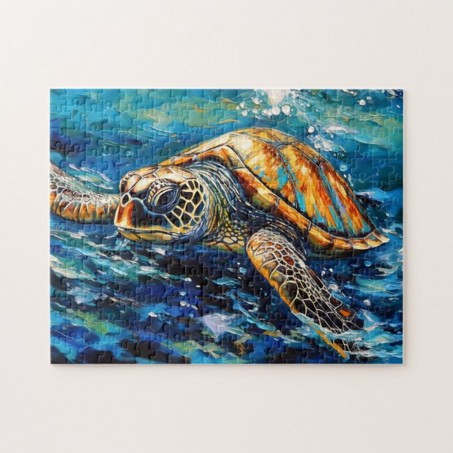 Sea Turtle in Expressive Oil Brushwork Jigsaw Puzzle (Horizontal)