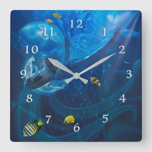SEA TURTLE IN FLIGHT SQUARE WALL CLOCK (Front)