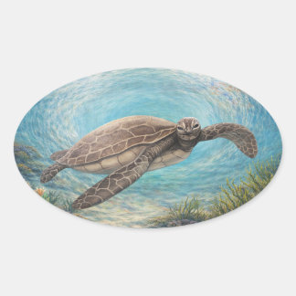 Sea Turtle in Ocean Vortex Oval Sticker