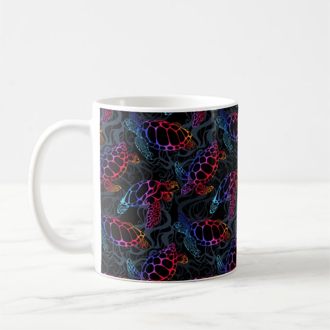 Sea turtle in psychedelic multicolor colours with  coffee mug (Left)