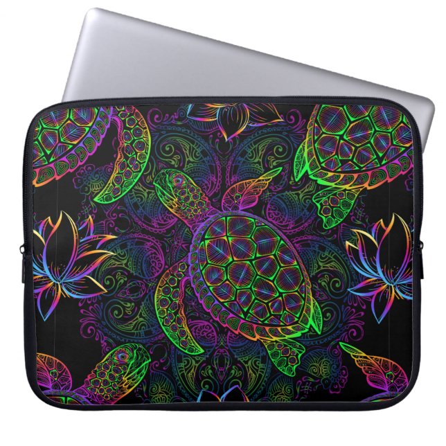 Sea turtle in psychedelic multicolor colours with  laptop sleeve (Front)