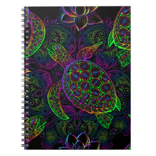 Sea turtle in psychedelic multicolor colours with notebook
