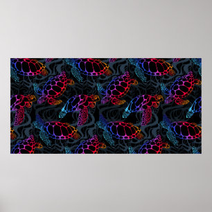 Sea turtle in psychedelic multicolor colours with poster