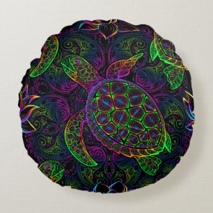 Sea turtle in psychedelic multicolor colours with  round cushion