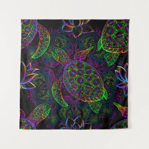 Sea turtle in psychedelic multicolor colours with  tapestry