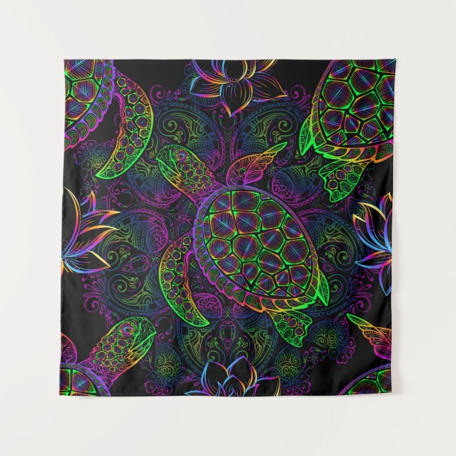 Sea turtle in psychedelic multicolor colours with  tapestry (Front)