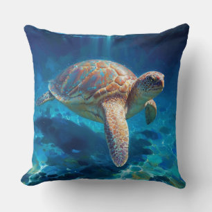 Sea Turtle in Shimmering Blue Waters Cushion