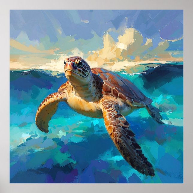 Sea Turtle in Vibrant Ocean Painting Poster (Front)