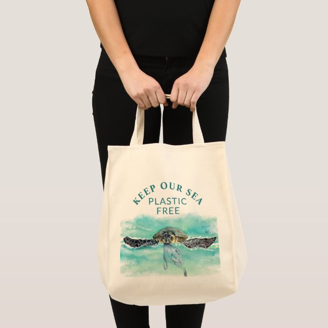 Sea Turtle KEEP OUR SEA PLASTIC FREE Conservation Tote Bag (Front (Product))