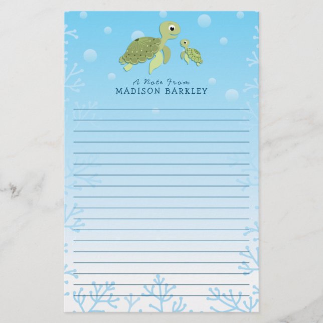 Sea Turtle Kid's Cute Ocean Animal Stationery (Front)