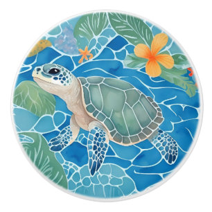 Sea Turtle Left Facing Ocean Life Bright Blue Ceramic Knob
